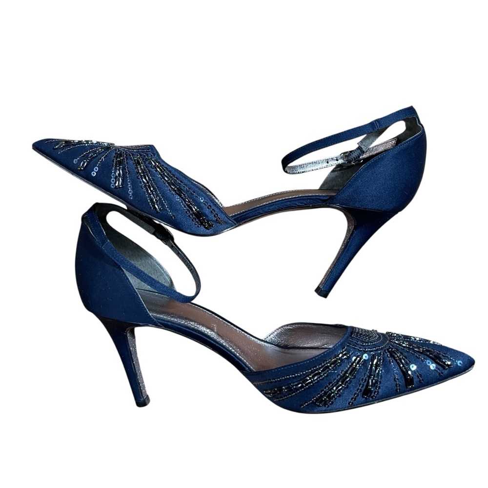 Adrianna Papell Midnight Blue Ankle Strap‎ Heels Sequin Embellishments 9M - Picture 4 of 14